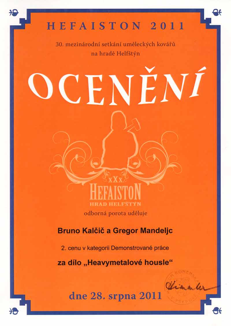Urkunde: 2. Platz beim Hefaiston 2011, Bruno Kalčič und Gregor Mandeljc