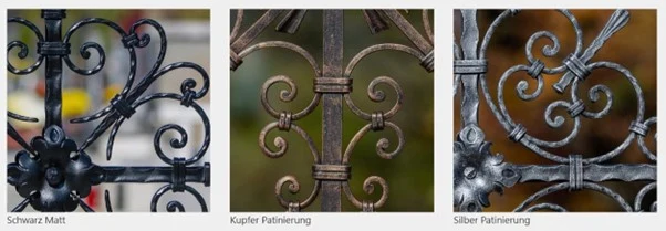 Die drei Farbvarianten im Vergleich: Schwarz Matt, Kupfer Patinierung, Silber Patinierung